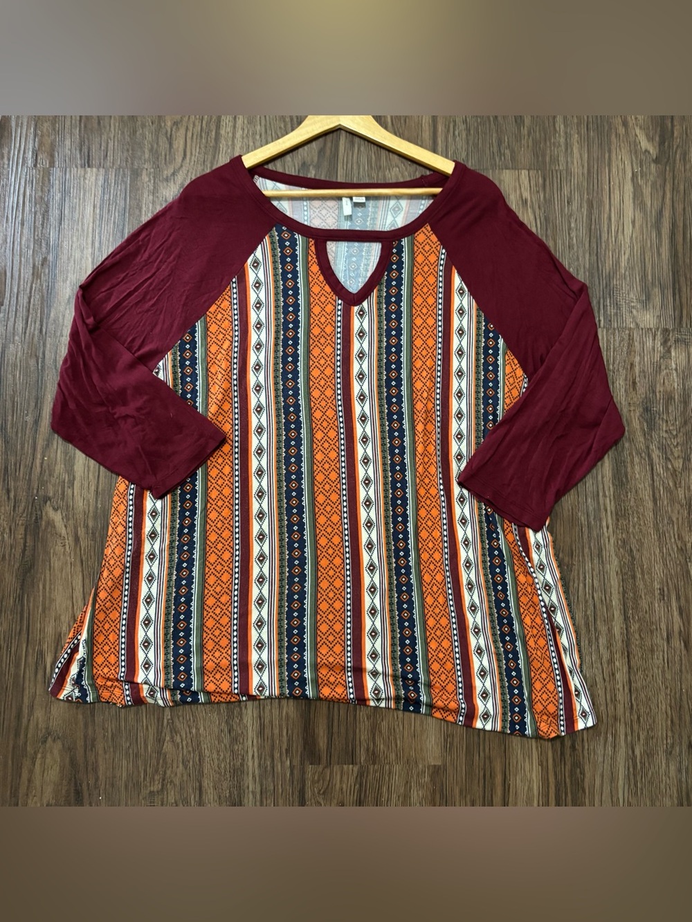 Burgundy Orange Tribal Geometric Raglan Cutout Tunic Top 2XL